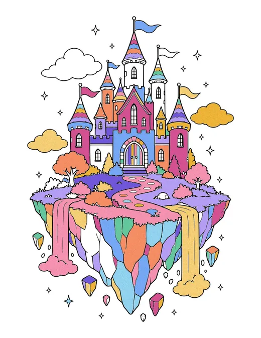 Floating Island Castle coloring page, colored in