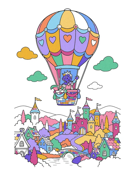 Hot Air Balloon Kingdom coloring page, colored in