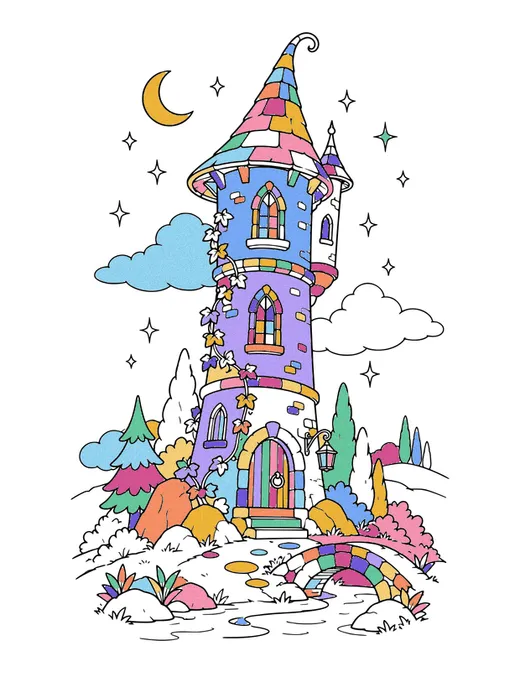 Wizard's Tower coloring page, colored in