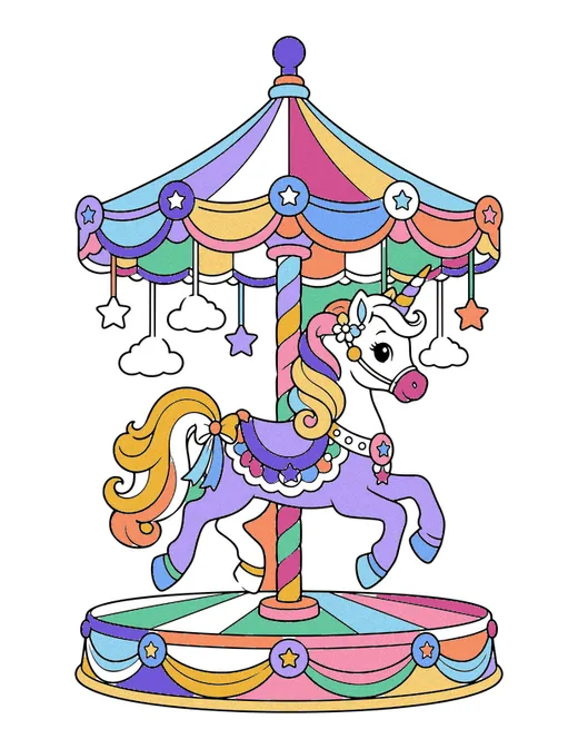 Unicorn Carousel coloring page, colored in