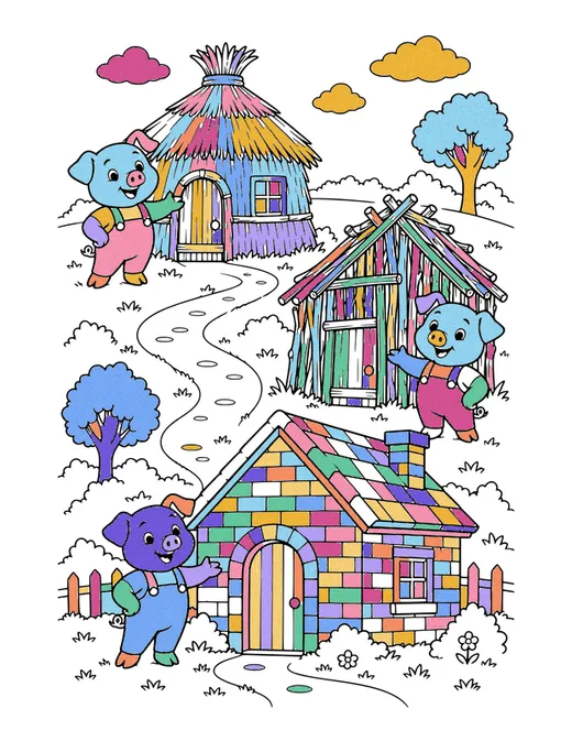 Three Little Pigs Houses coloring page, colored in