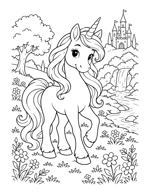 Unicorn in a Meadow coloring page
