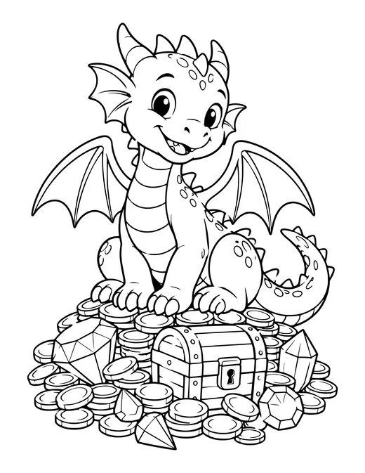Baby Dragon on Treasure coloring page