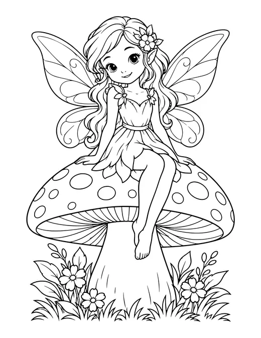 Fairy Sitting on a Mushroom coloring page