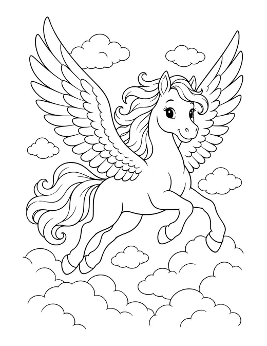 Pegasus Flying over Clouds coloring page