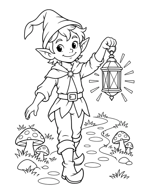 Elf with a Glowing Lantern coloring page