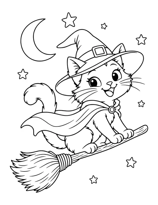 Cat Witch on a Broom coloring page
