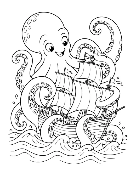 Kraken and Ship coloring page