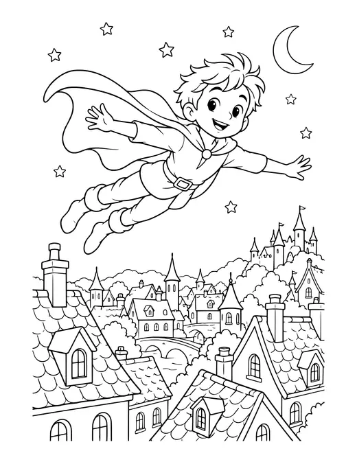 Flying Boy over the Rooftops coloring page