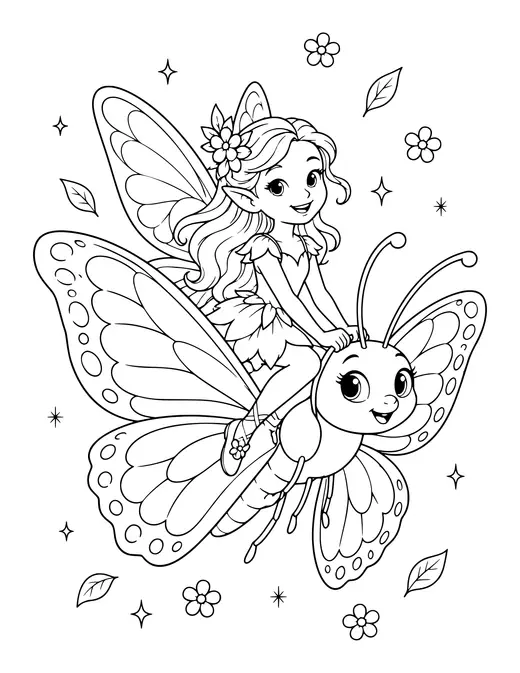 Fairy Riding a Butterfly coloring page