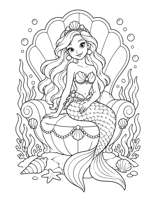 Mermaid Seashell Throne coloring page