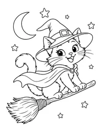 Cat Witch on a Broom coloring page