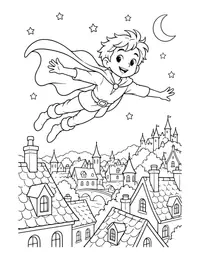 Flying Boy over the Rooftops coloring page