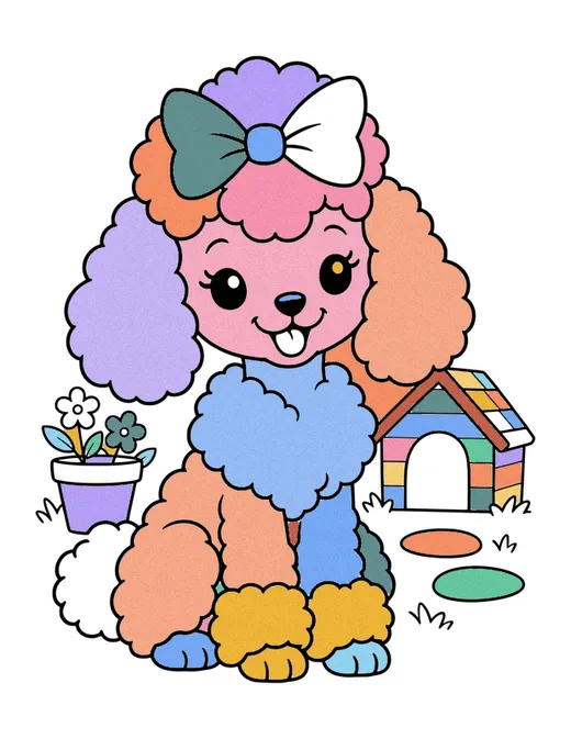 Poodle with a Bow coloring page, colored in