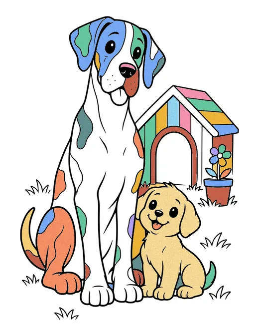 Great Dane and Small Puppy coloring page, colored in