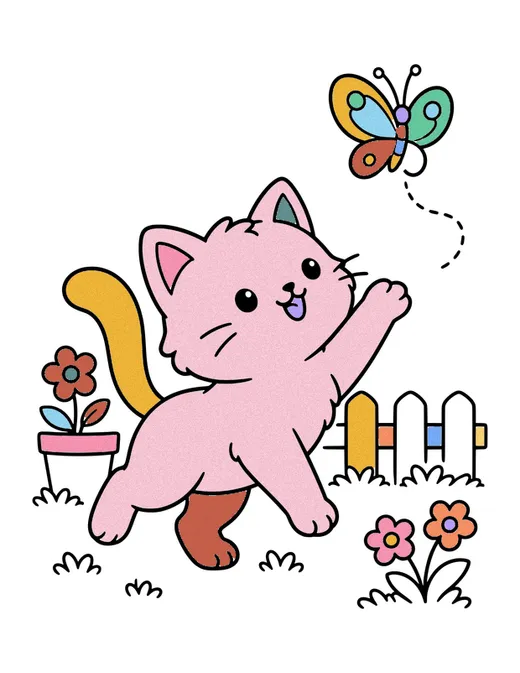 Cat Chasing a Butterfly coloring page, colored in