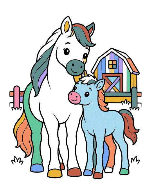Mare and Foal coloring page, colored in