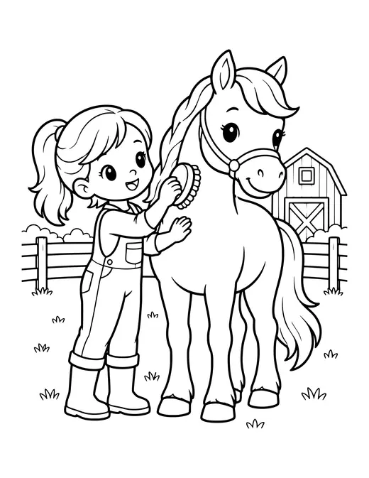 Kid Brushing a Horse coloring page