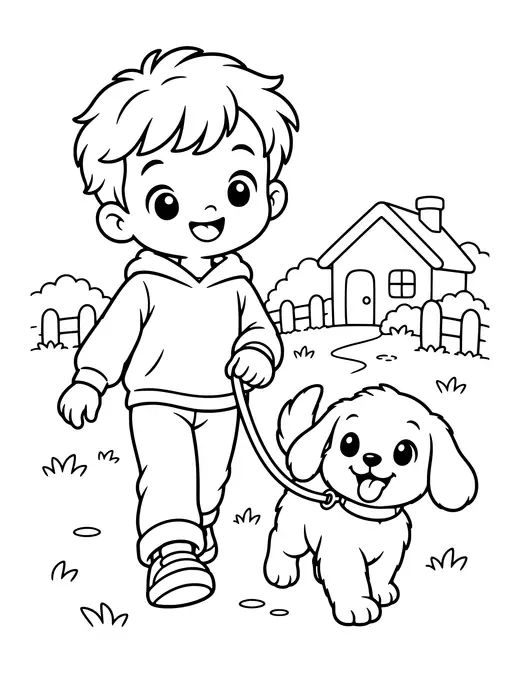 Kid Walking a Puppy coloring page