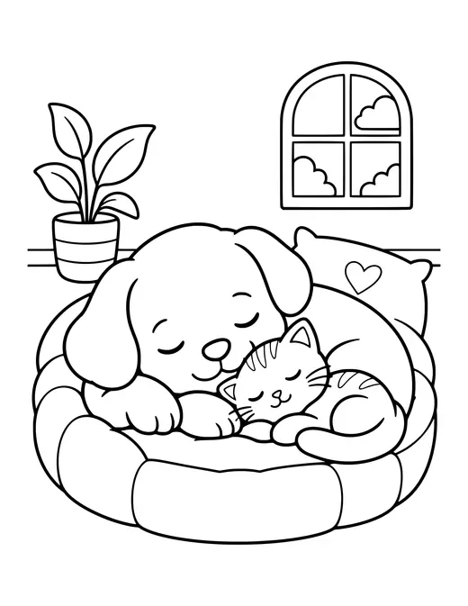 Pets Sleeping Together coloring page