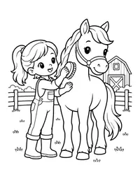 Kid Brushing a Horse coloring page