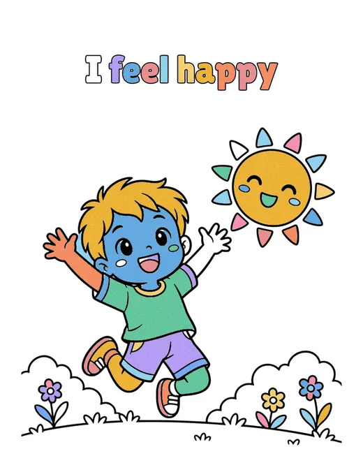 I feel happy coloring page, colored in