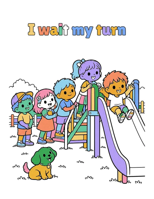 I wait my turn coloring page, colored in