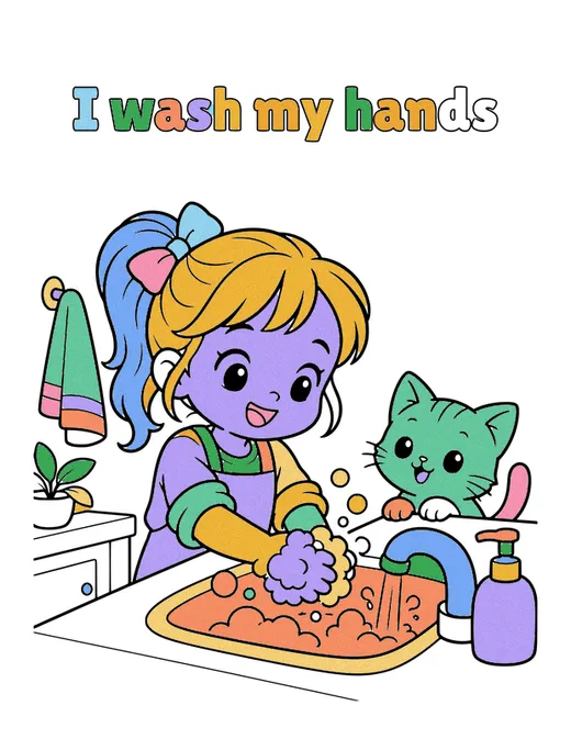 I wash my hands coloring page, colored in