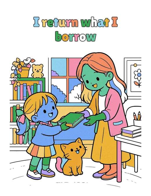 I return what I borrow coloring page, colored in