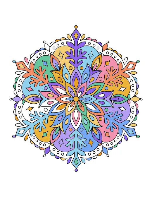 Snowflake Mandala coloring page, colored in