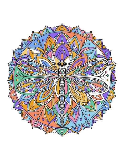 Dragonfly Mandala coloring page, colored in