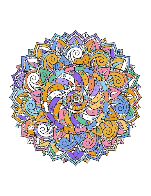 Spiral Mandala coloring page, colored in