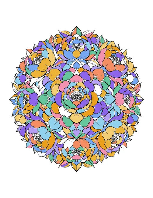 Peony Mandala coloring page, colored in