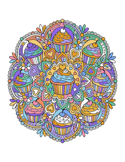 Cupcake Mandala coloring page, colored in