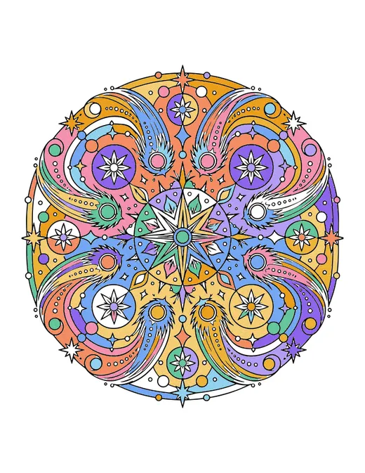 Comet Mandala coloring page, colored in