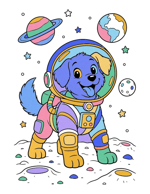 Space Dog in a Helmet coloring page, colored in