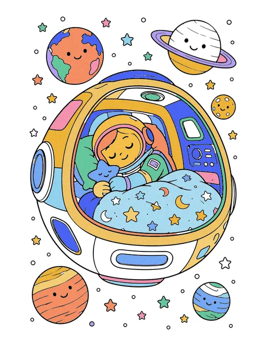 Astronaut Sleeping in a Pod coloring page, colored in