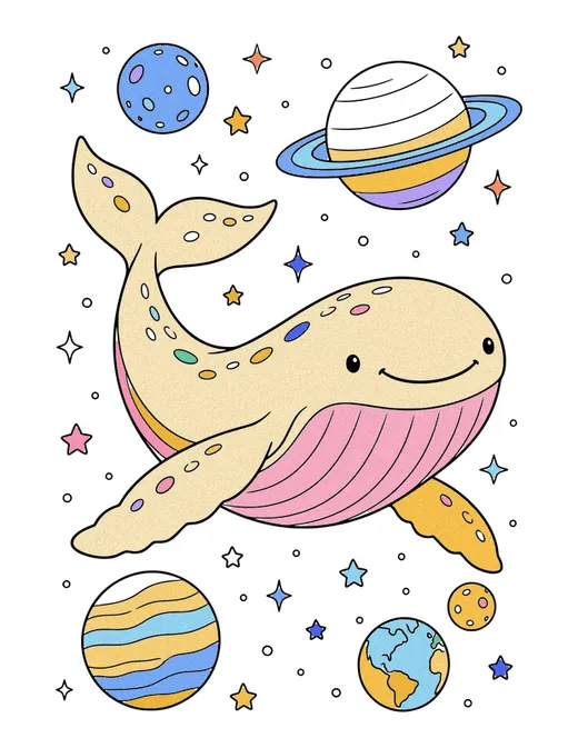 Space Whale coloring page, colored in