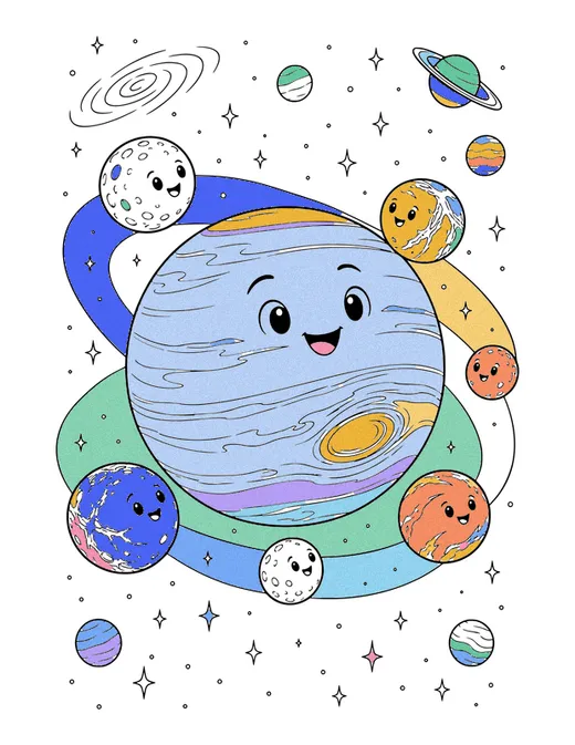 Neptune and Its Moons coloring page, colored in