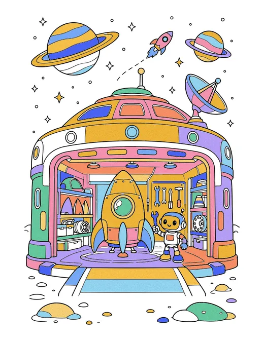 Rocket Garage coloring page, colored in