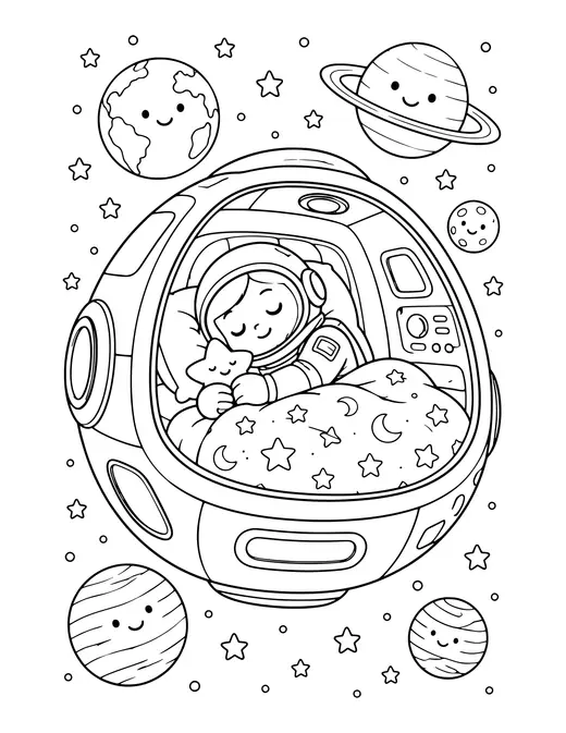 Astronaut Sleeping in a Pod coloring page