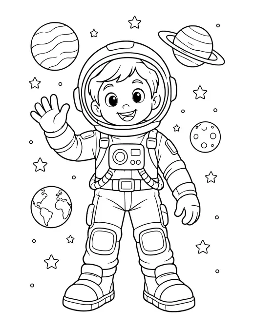 Kid Astronaut Waving coloring page