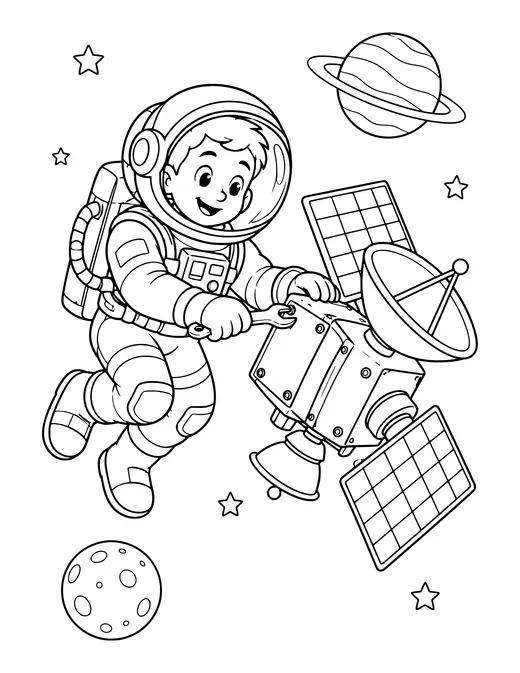 Astronaut Fixing a Satellite coloring page