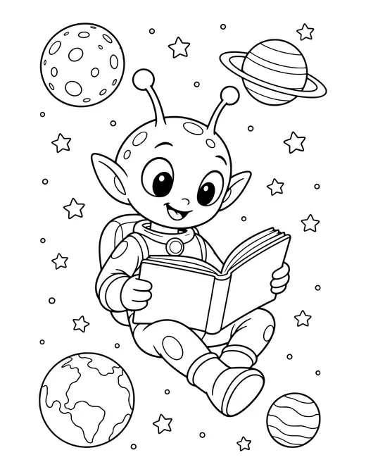 Alien Reading a Book coloring page