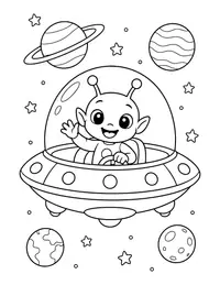 Friendly Alien in a UFO coloring page