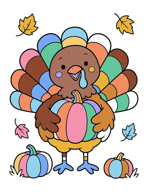 Turkey Holding a Pumpkin coloring page, colored in