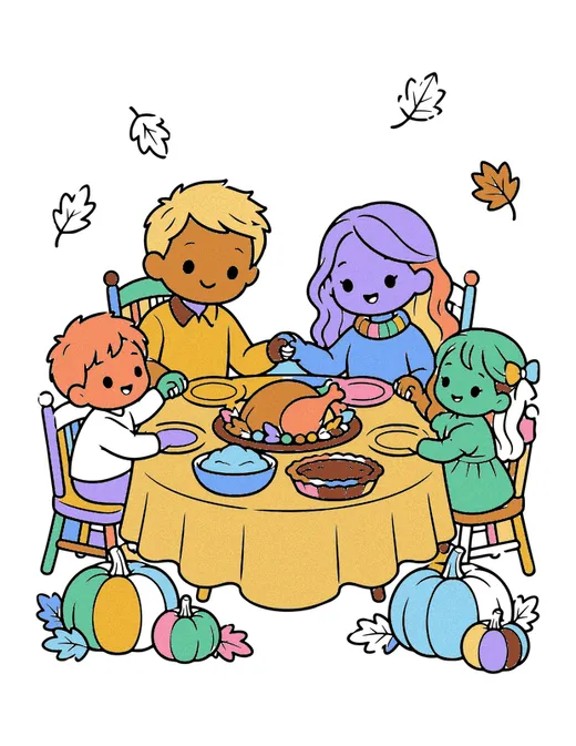Family Holding Hands at Dinner coloring page, colored in