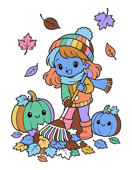 Raking Leaves coloring page, colored in