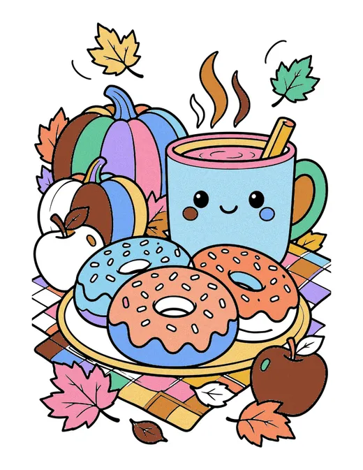 Apple Cider and Donuts coloring page, colored in