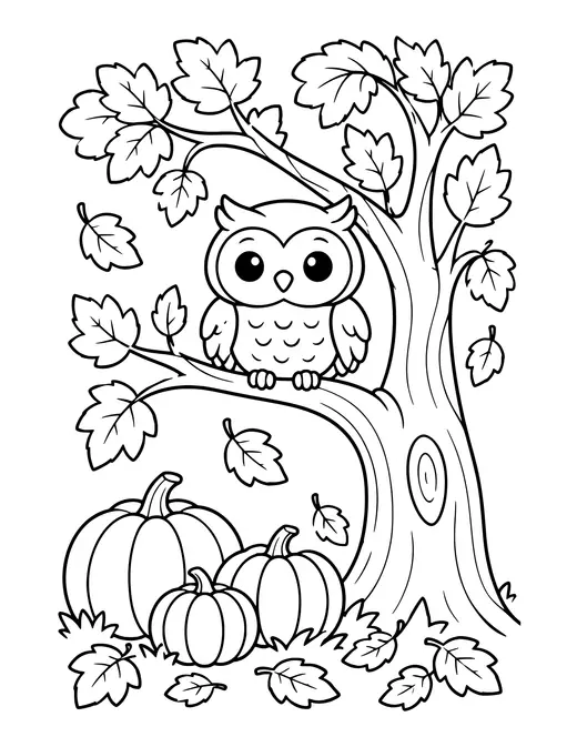 Owl in an Autumn Tree coloring page
